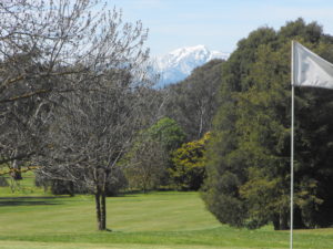 WINTER GOLF. A snow covered Mt Buller from the 9th Green.