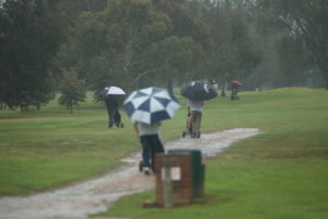 A group of Die Hard golfers head out into the rain 